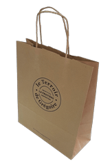 un sac en papier kraft brun naturel à poignées torsadées personnalisé pour l'épicerie fine la fruitière à Morteau et Besançon